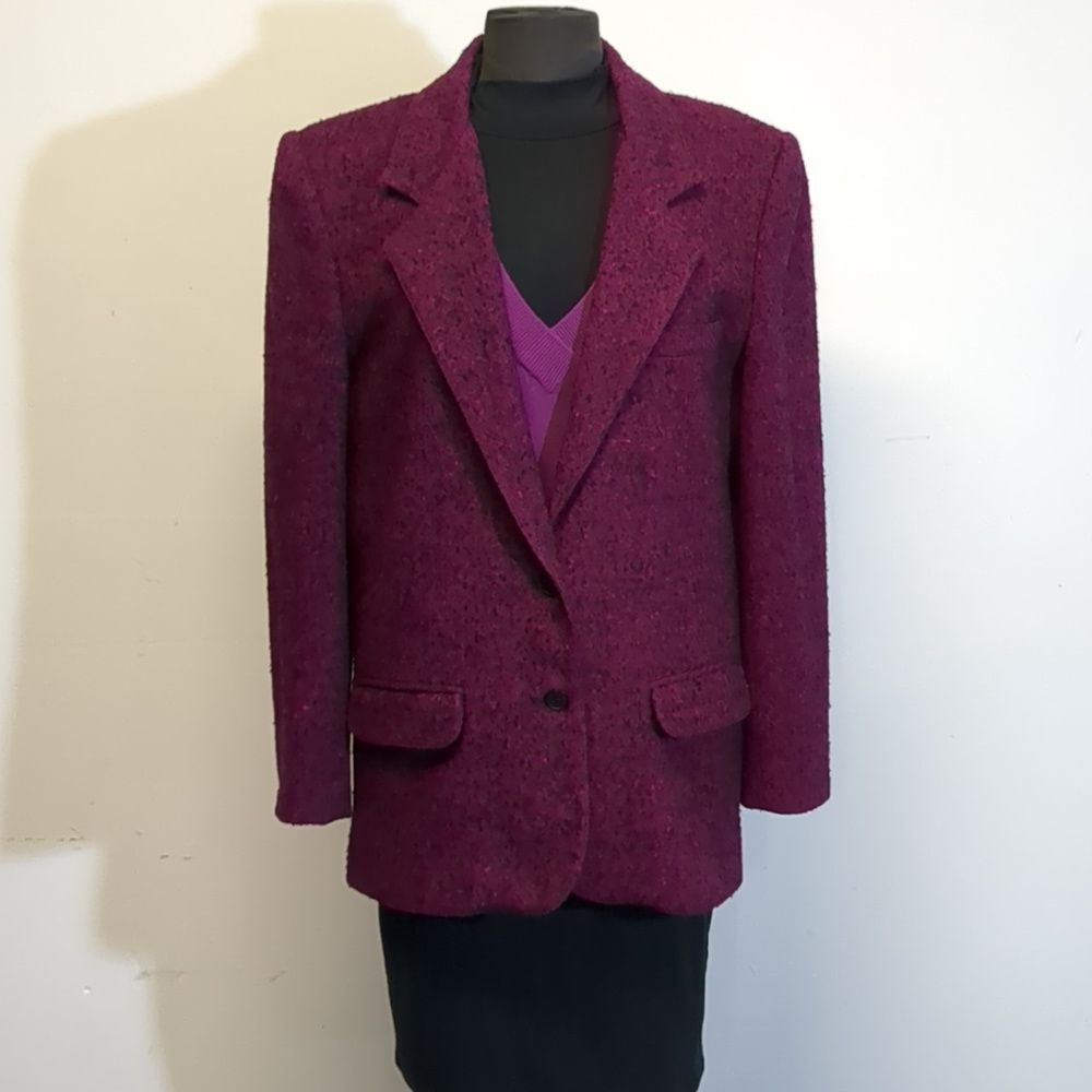 Vintage 1980s Magenta Black Tweed Oversized Blazer, Size M/L